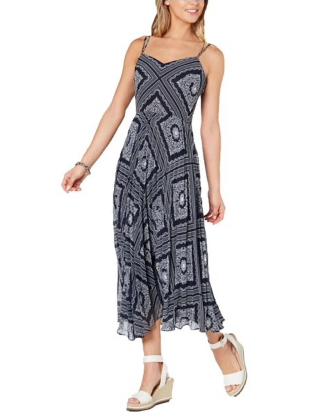 Tommy Hilfiger Navy and White Geometric Spaghetti-Strap Maxi Dress size 12 NWT